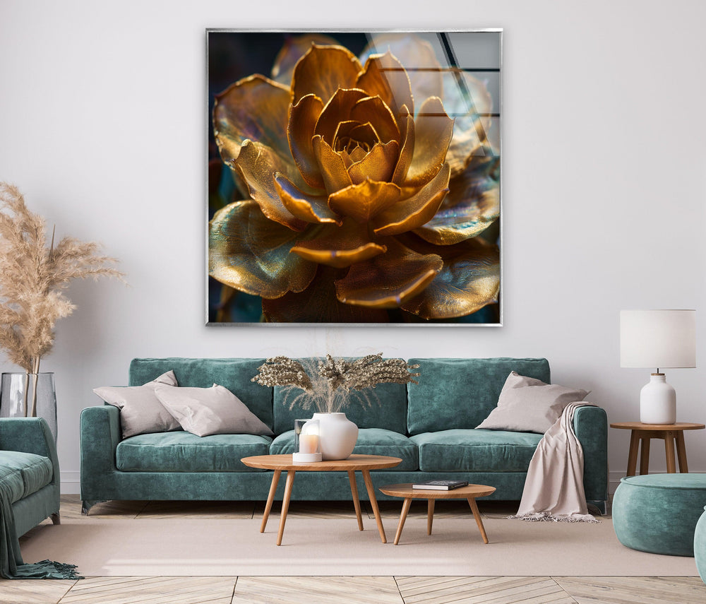 Golden Flower Glass Wall Art, picture on glass wall art, photos printed on glass