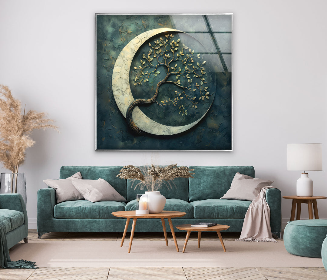 Moon Tree Marble Glass Wall Art print on glass, glass printed photos