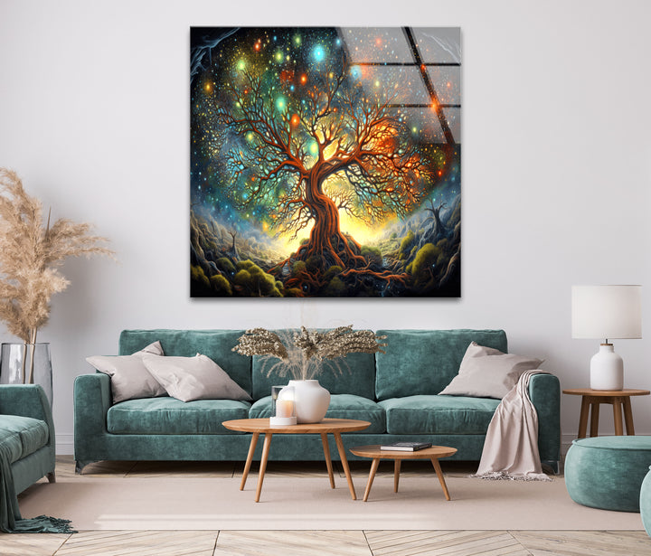 Tree With Stars Painting Glass Wall Art, Glass Printing Wall Art, Print photos on glass