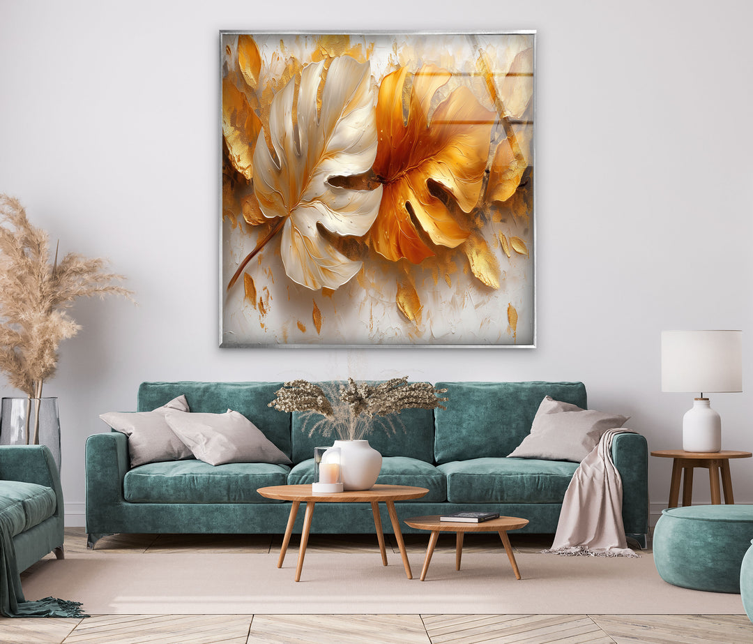 Golden Leaves Glass Wall Art, glass photo prints, glass picture prints