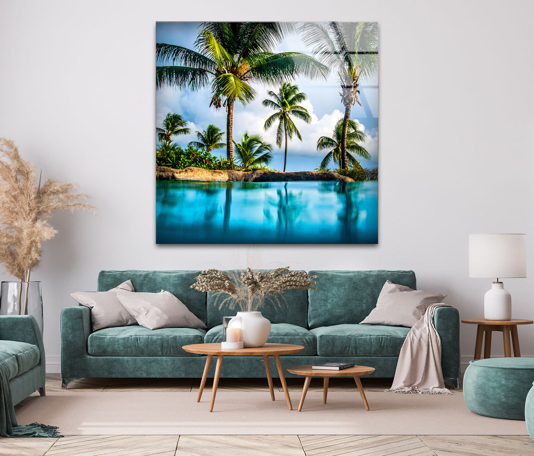 Island & Blue Sea Glass Wall Art print on glass, glass printed photos