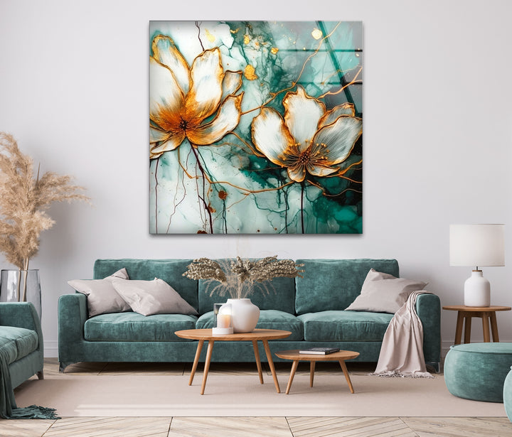 Watercolor Lotus With Golden Stains Glass Wall Art, glass image printing, glass prints from photos
