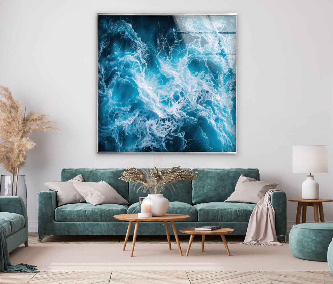 Abstract Blue Water Splash Glass Wall Art photo print on glass, prints on glass wall art