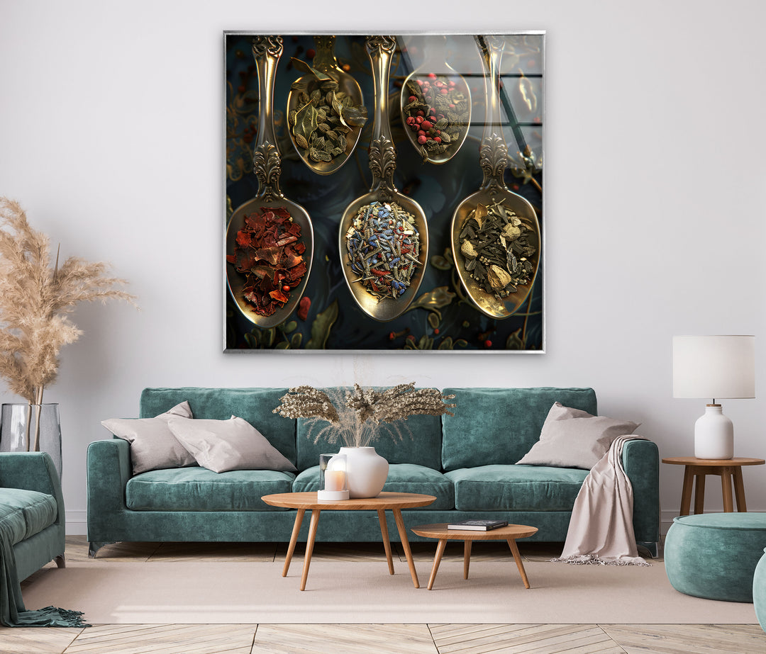 Spices On Rustic Spoon Glass Wall Art, art glass wall art, glass wall art pictures