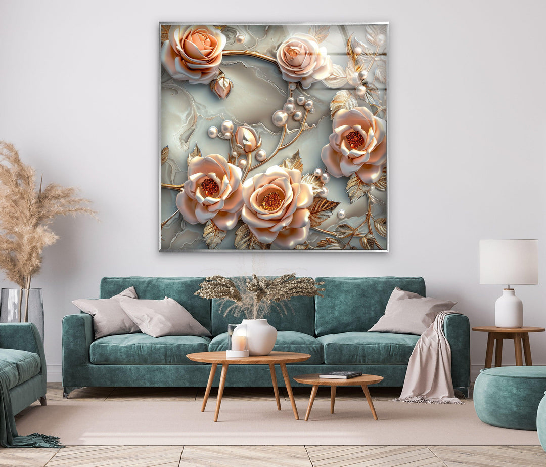 White Pearl Floral Glass Wall Art, glass photo prints, glass picture prints