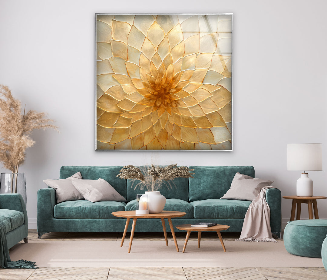 Stained Gold Flower Glass Wall Art glass pictures for Wall, glass prints wall art