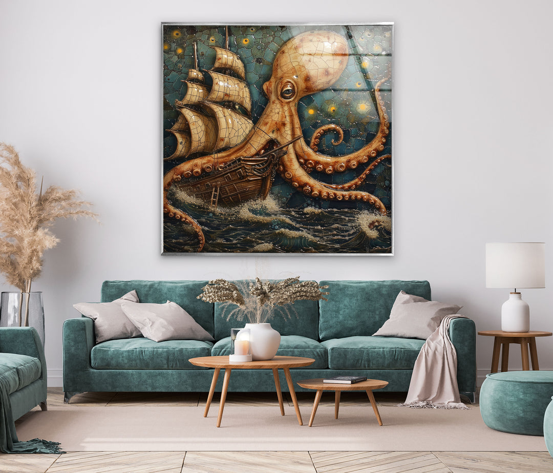 Octopus Captured Ship Glass Wall Art art glass wall art, glass wall art pictures