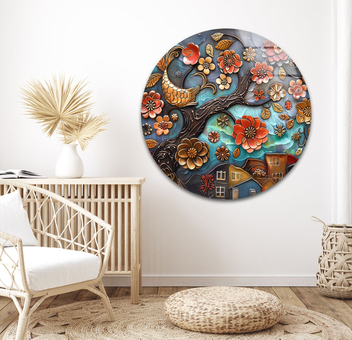 Ethnic Tree with Flowers Glass Wall Art, glass art prints