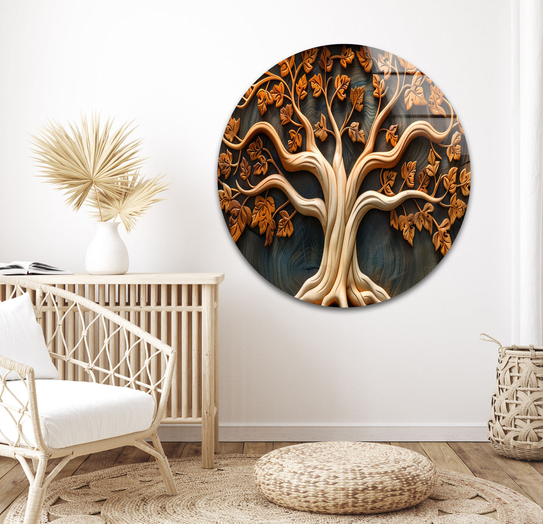 Carved Wood Tree Glass Wall Art photo print on glass, prints on glass wall art