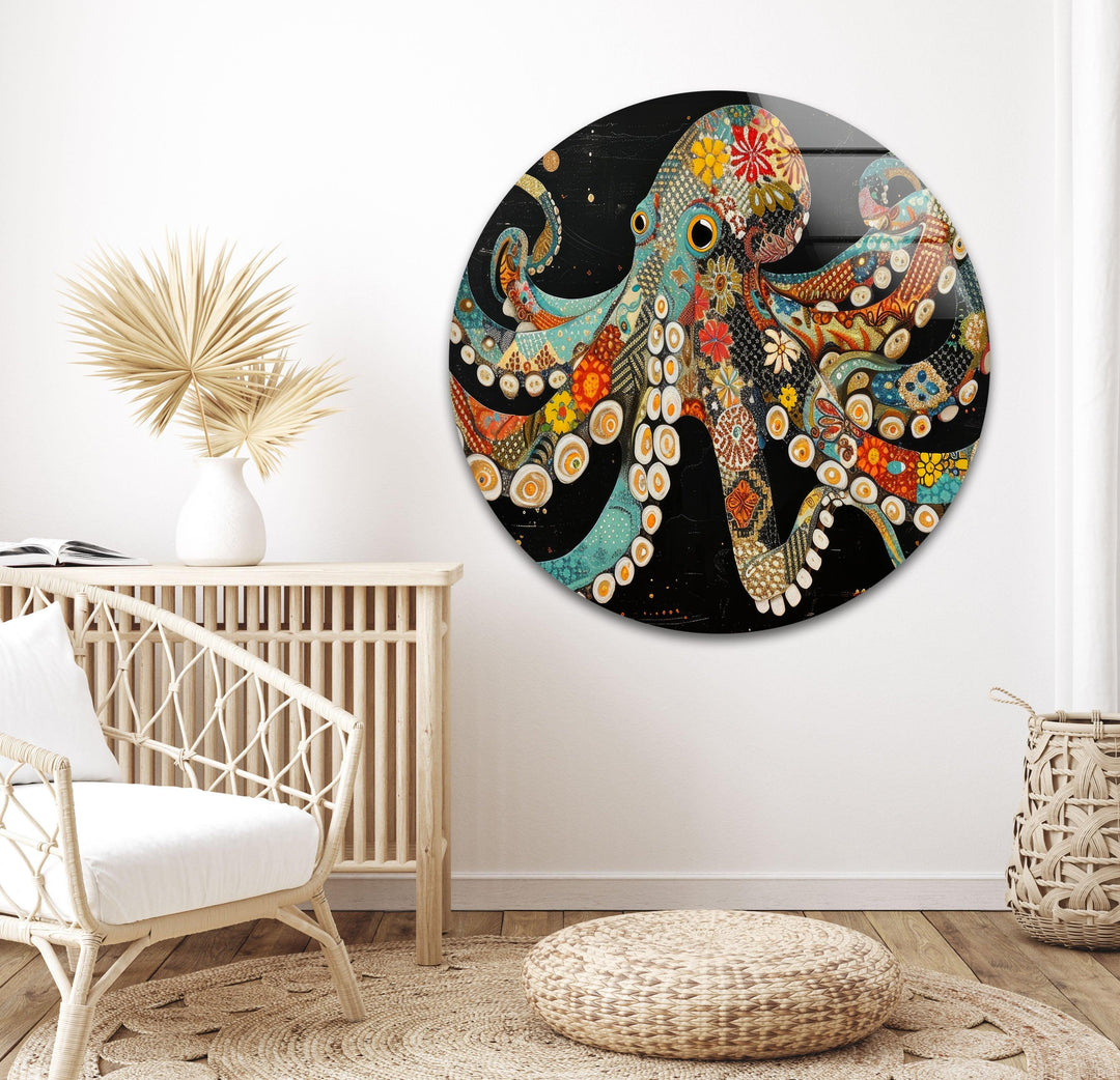 Ethnic Patterned Octopus Glass Wall Art stained glass wall art, stained glass wall decor