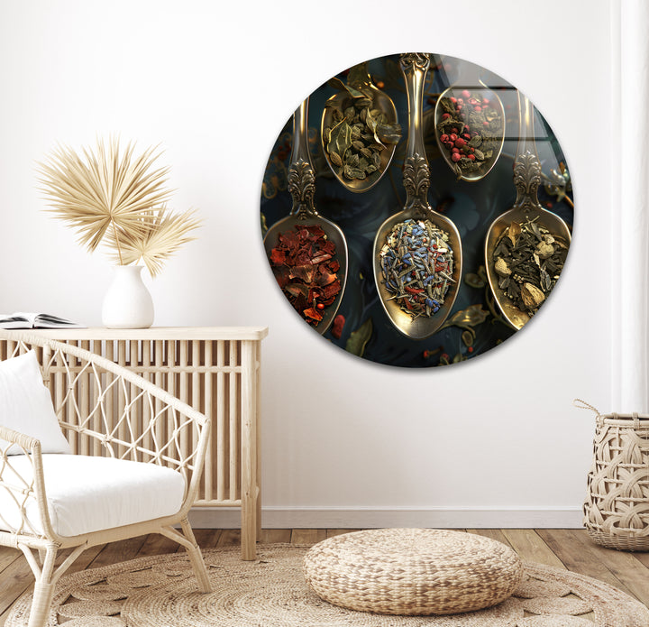 Spices On Rustic Spoon Glass Wall Art,             glass wall decor, glass wall art decor