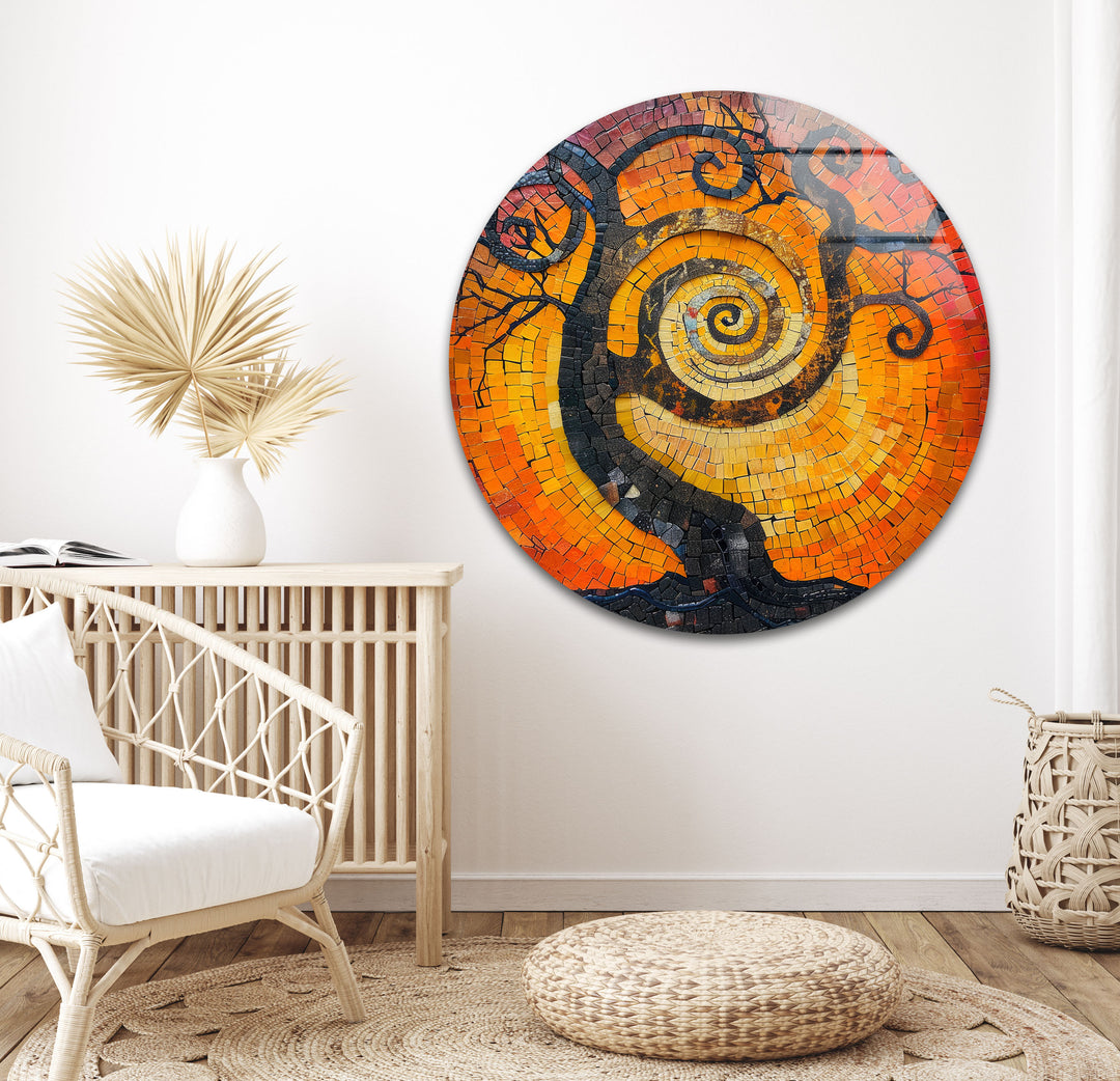 Orange Sunset with Life of Tree Glass Wall Art