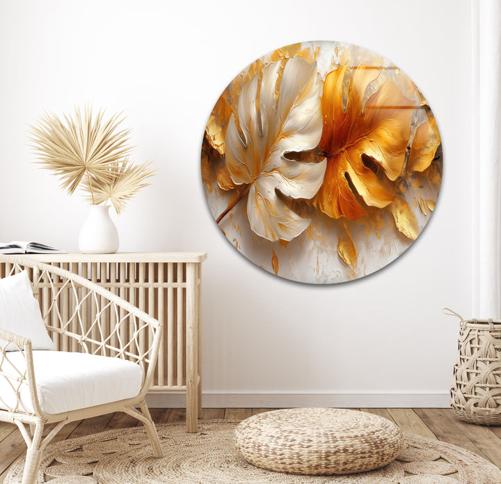 Golden Leaves Glass Wall Art, Glass Printing Wall Art, Print photos on glass