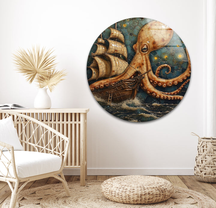 Octopus Captured Ship Glass Wall Art glass art painting, glass art for the Wall