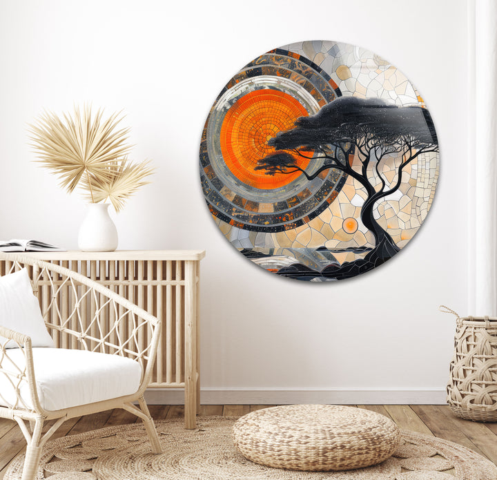 Mosaic Design and Old Tree Tempered Glass Wall Art