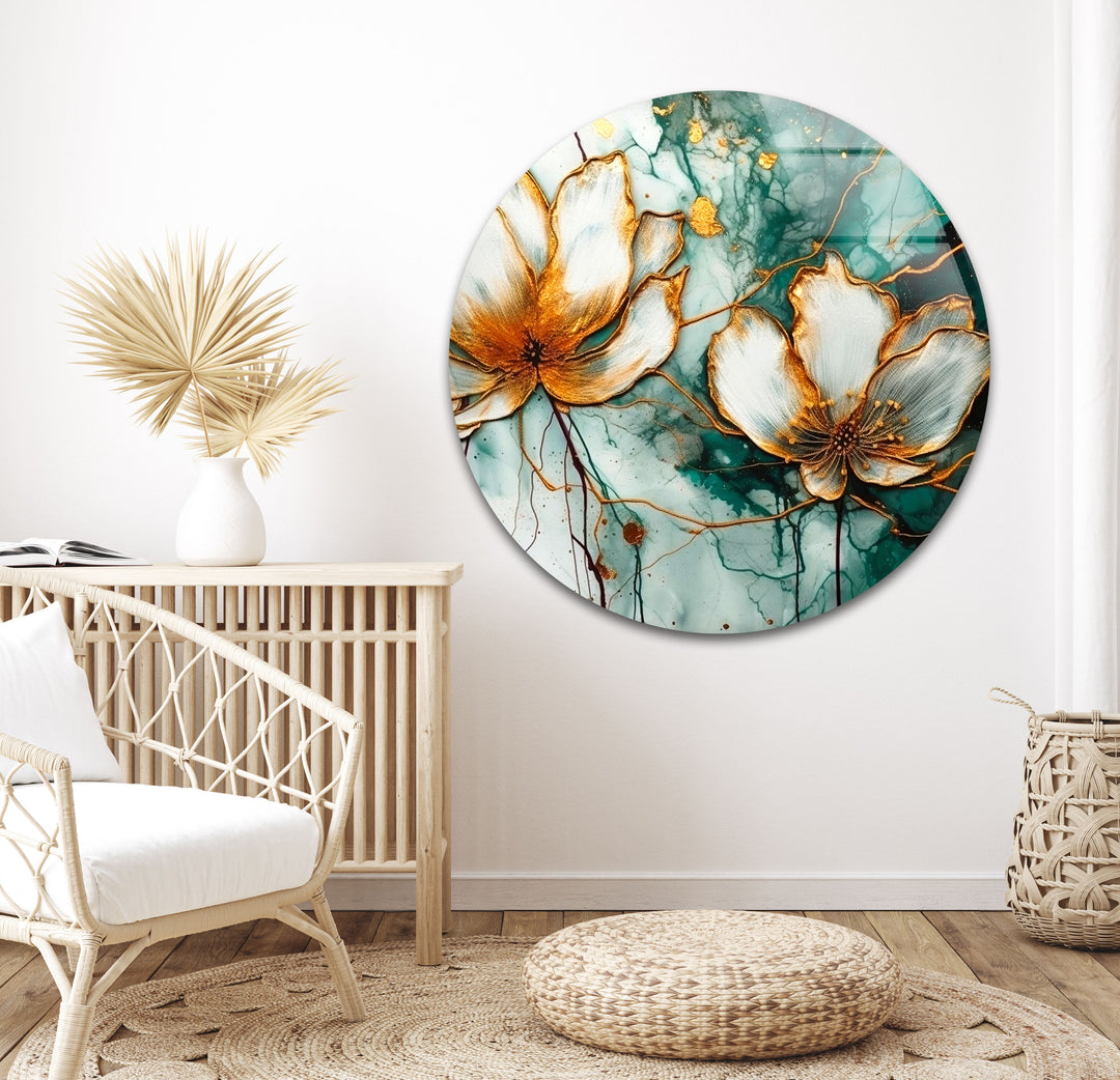 Watercolor Lotus With Golden Stains Glass Wall Art, glass photo prints, glass picture prints
