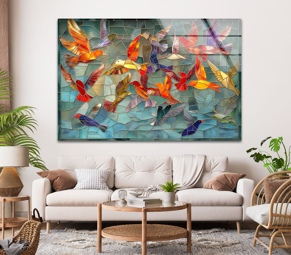 Mosaic Birds Glass Wall Art custom glass pictures, glass art prints