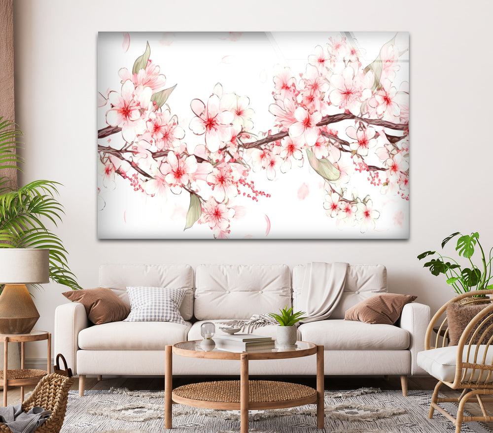 Watercolor Cherry Blossoms Glass Wall Art, picture on glass wall art, photos printed on glass