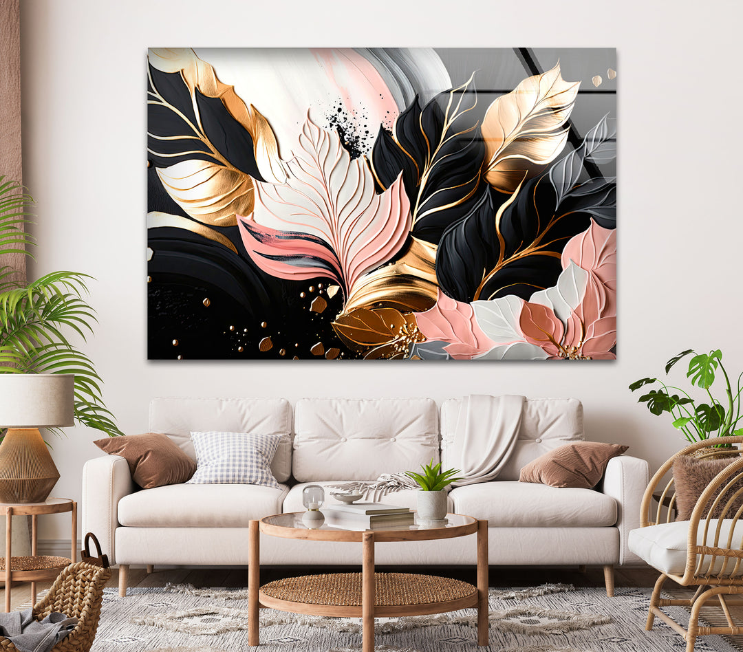 Abstract Pink-Gold Leaf Glass Wall Art, glass image printing, glass prints from photos