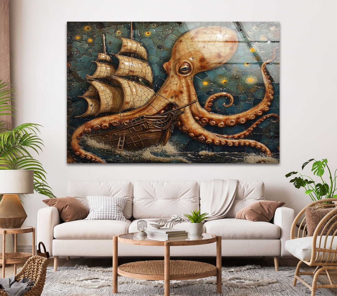 Octopus Captured Ship Glass Wall Art stained glass wall art, stained glass wall decor