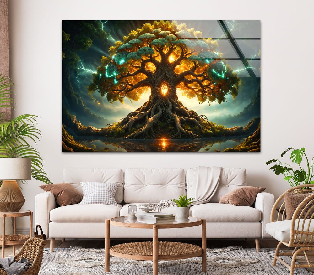 Glowing Yggdrasil Tree Glass Wall Art, glass wall decor, glass wall art decor