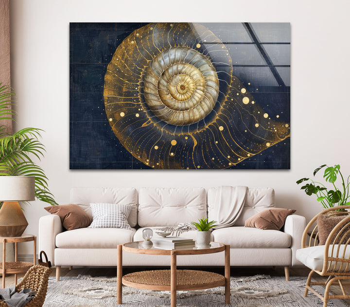 Gold Shiny Snail Shell Glass Printing Wall Art