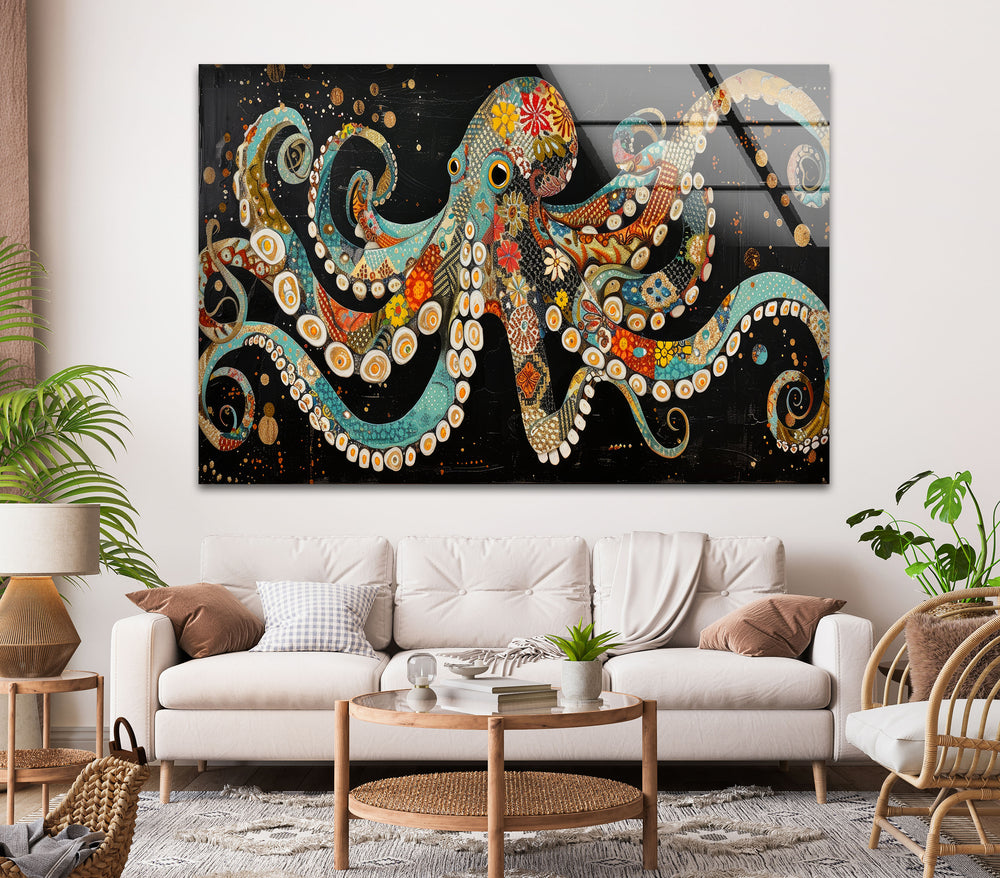 Ethnic Patterned Octopus Glass Wall Art             glass wall decor, glass wall art decor