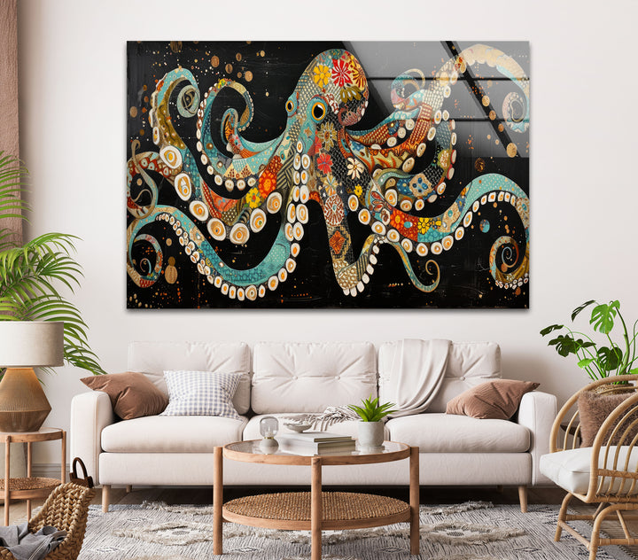 Ethnic Patterned Octopus Glass Wall Art             glass wall decor, glass wall art decor