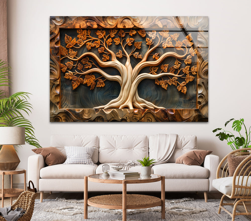 Carved Wood Tree Glass Wall Art custom glass pictures, glass art prints