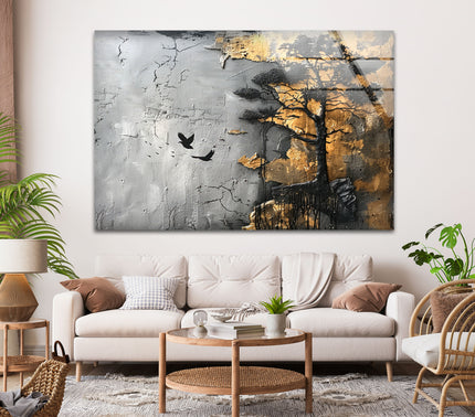 Black Tree Golden Abstract Glass Wall Art