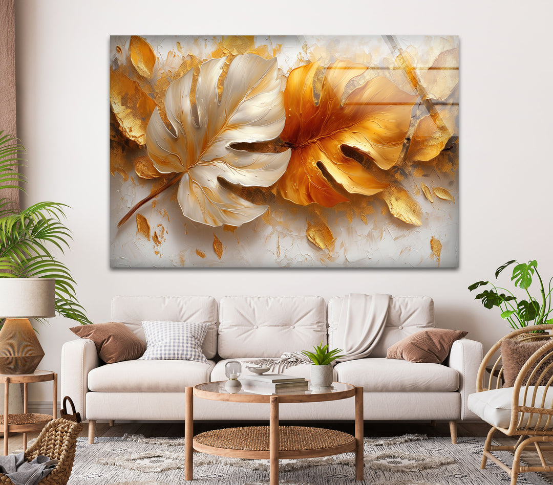 Golden Leaves Glass Wall Art, glass wall decor, glass wall art decor