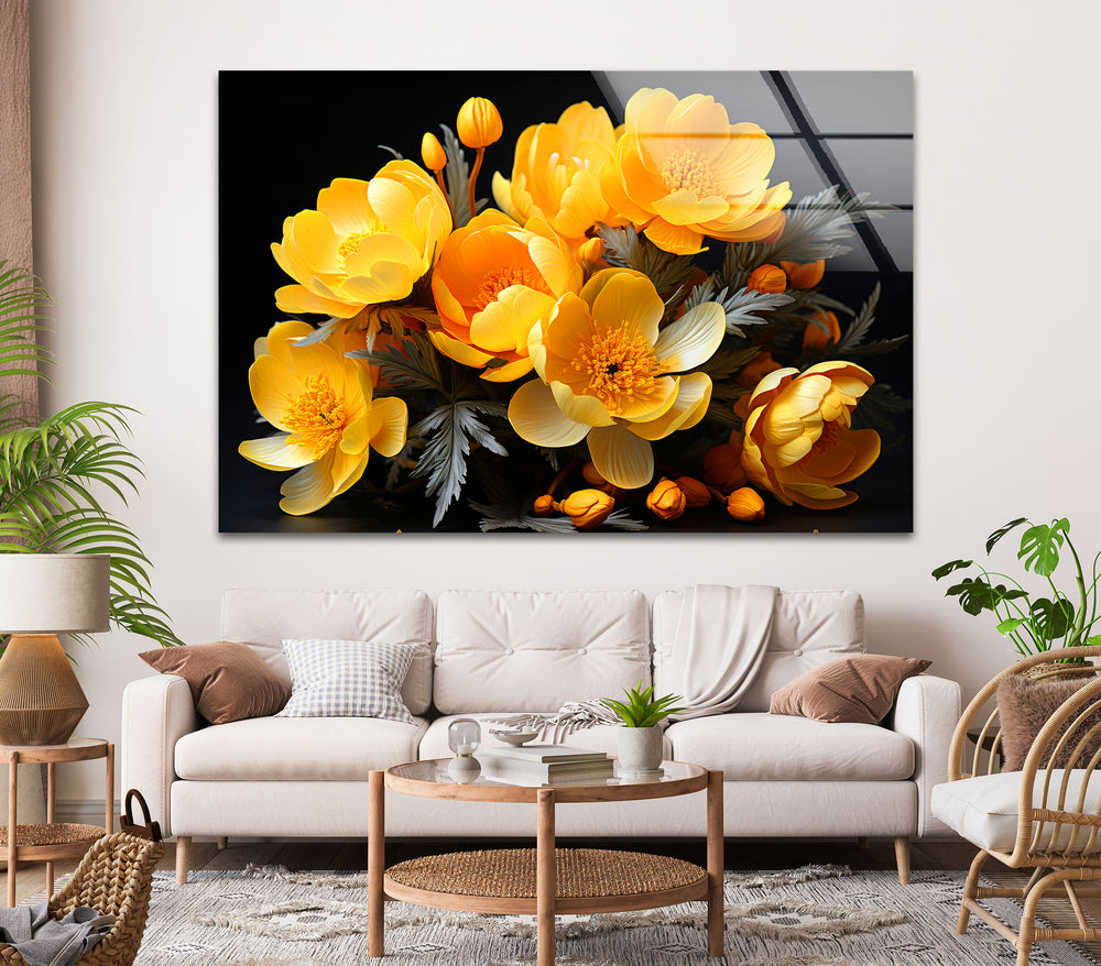 Yellow Peony Bouquet Glass Wall Art, glass wall decor, glass wall art decor