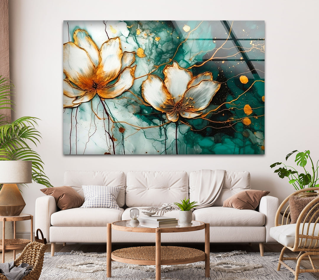 Watercolor Lotus With Golden Stains Glass Wall Art, art glass wall art, glass wall art pictures
