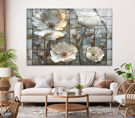 Mosaic White Poppy Glass Wall Art