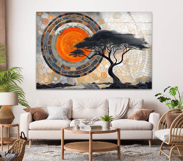 Mosaic Design and Old Tree Tempered Glass Wall Art