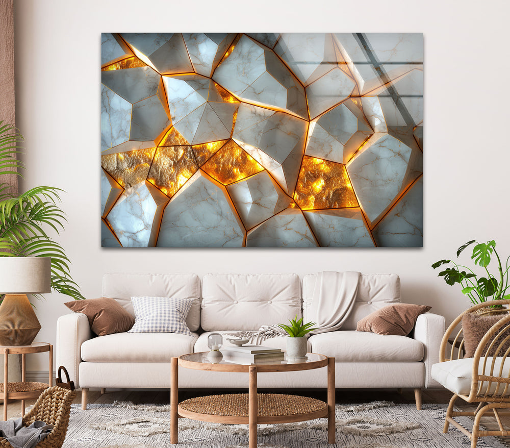 White Gold Marble Mosaic Glass Printing Wall Art