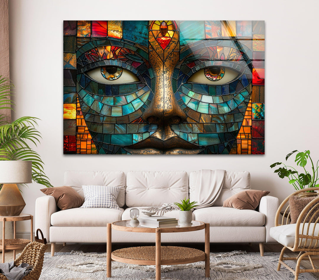 Mosaic Face with Colorful Eyes Tempered Glass Art & Cool Abstract