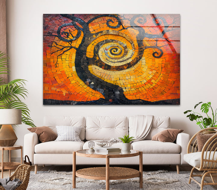 Orange Sunset with Life of Tree Glass Wall Art