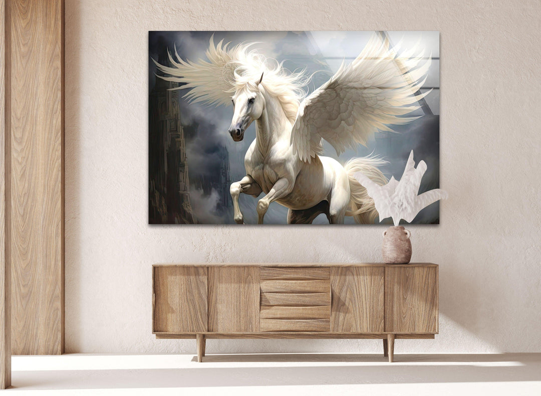 White Wing Horse Glass Wall Art Glass Printing Wall Art, Print photos on glass