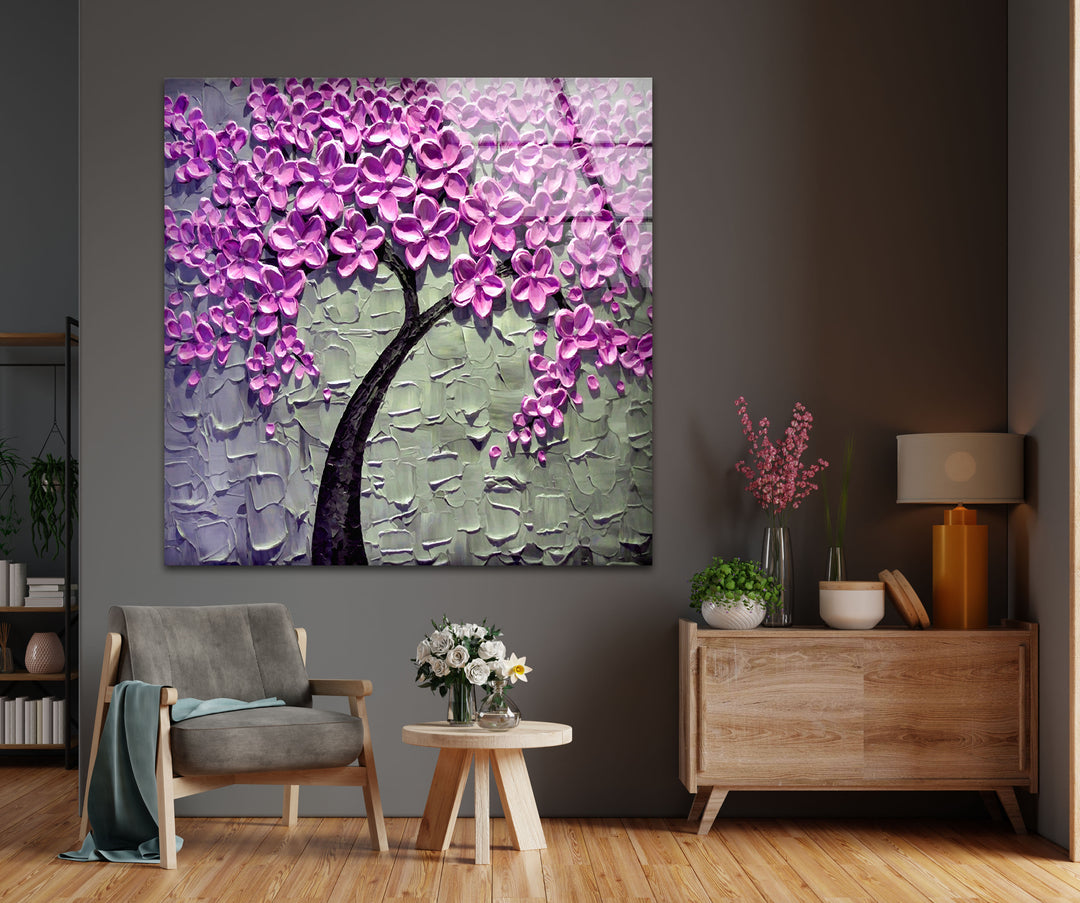 Flower Tree Oil Painting Glass Wall Art, glass pictures for Wall, glass prints wall art