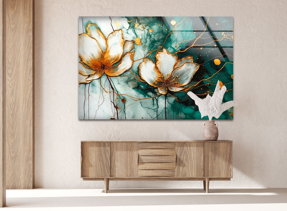 Watercolor Lotus With Golden Stains Glass Wall Art, glass wall decor, glass wall art decor
