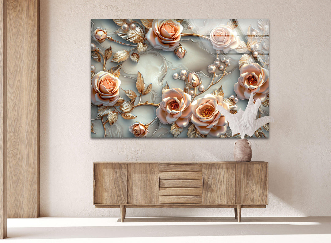 White Pearl Floral Glass Wall Art, glass wall decor, glass wall art decor