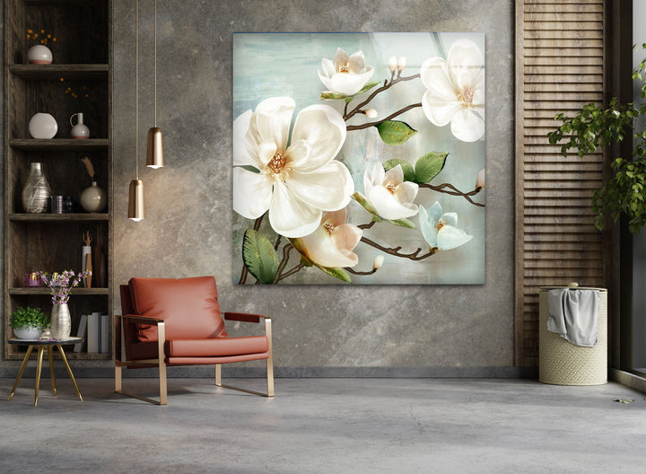 Magnolias Oil Paintings Glass Wall Art, glass photo prints, glass picture prints