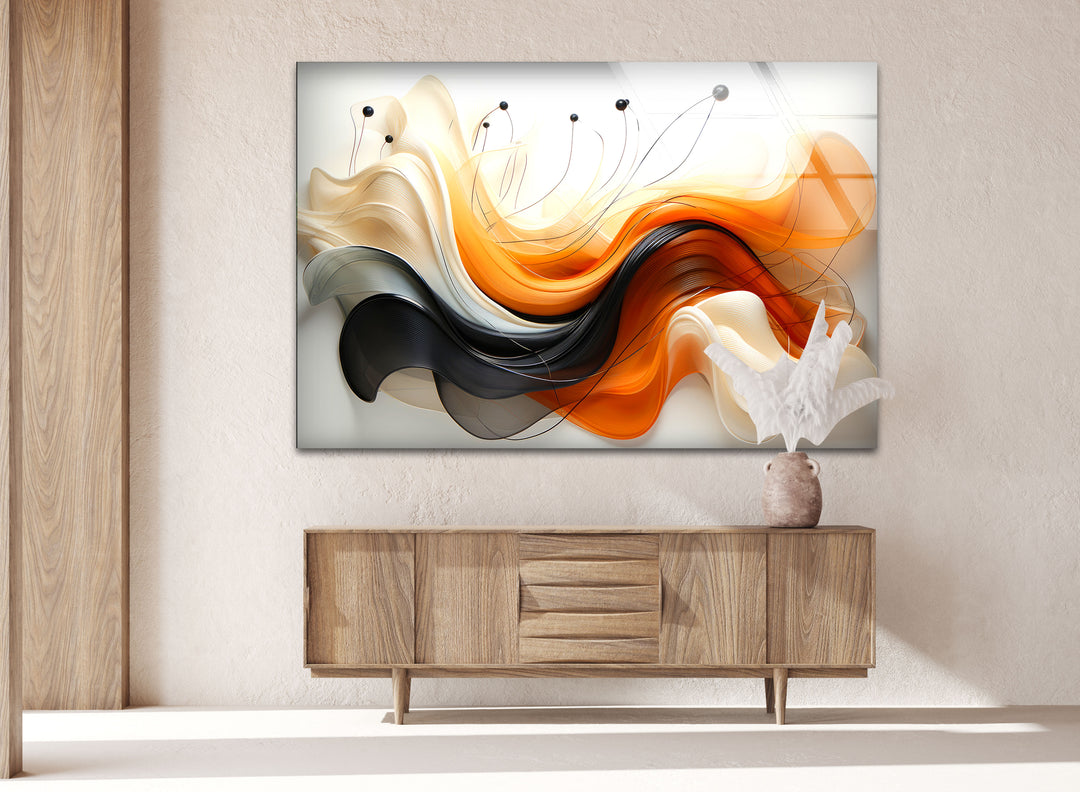 Abstract Orange & Black Wave Glass Wall Art glass wall decor, glass wall art decor