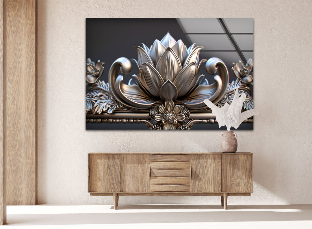 Silver Flower Glass Wall Art, glass photo prints, glass picture prints