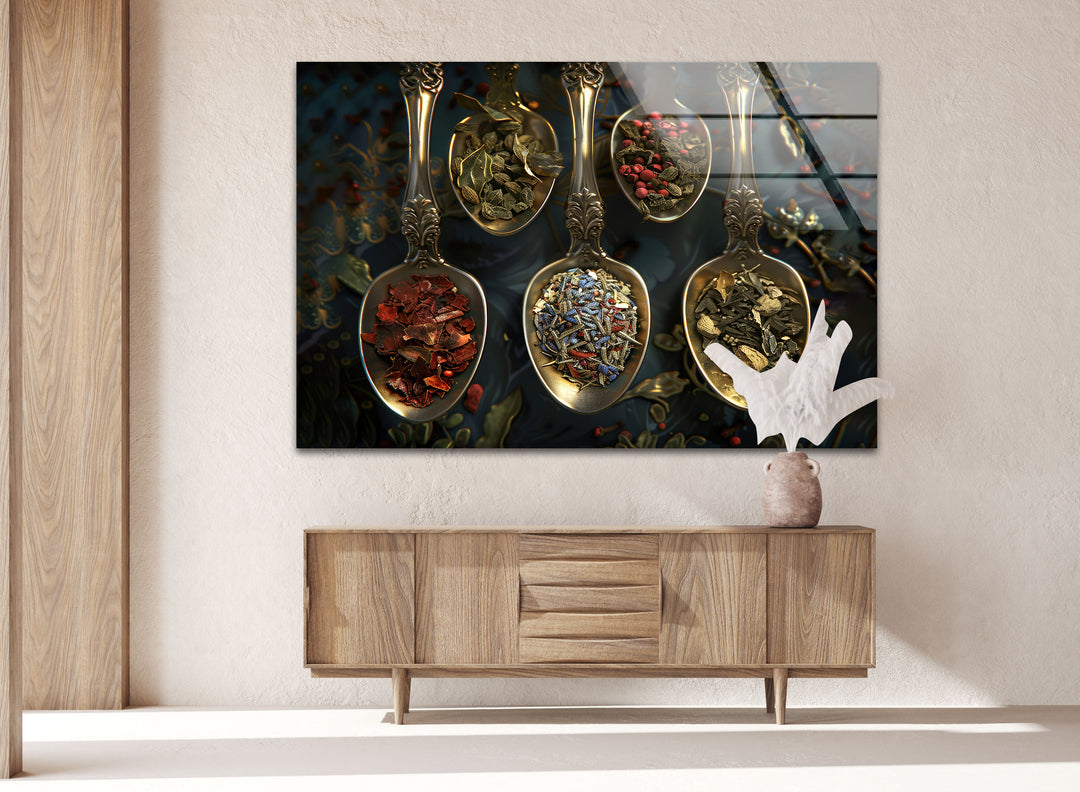 Spices On Rustic Spoon Glass Wall Art, glass art painting, glass art for the Wall