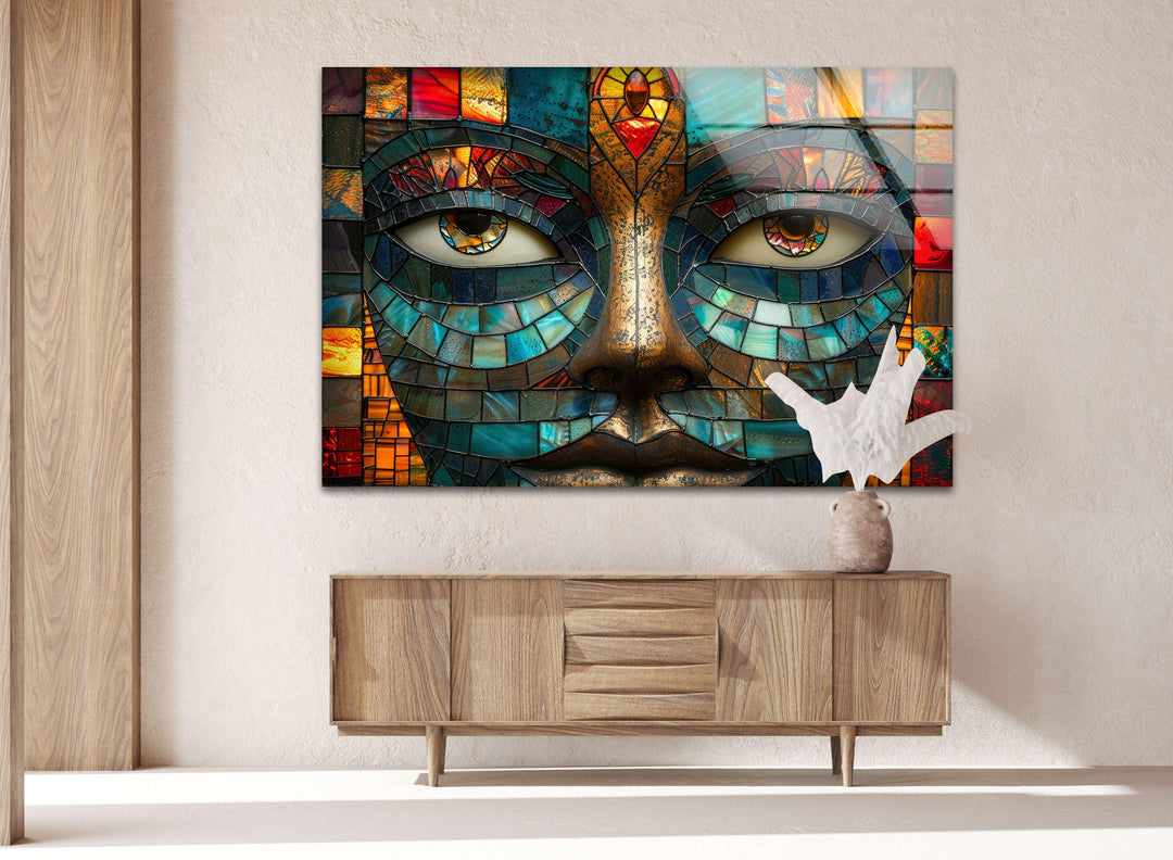 Mosaic Face with Colorful Eyes Cool Wall Artwork & Glass Print Art