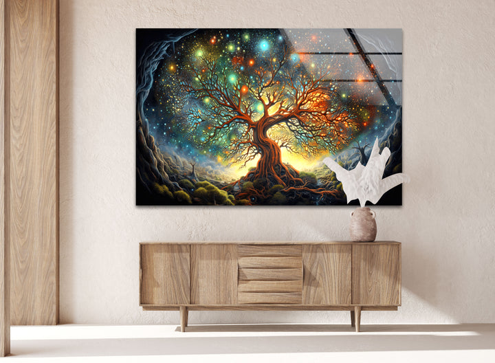 Tree With Stars Painting Glass Wall Art, stained glass wall art, stained glass wall decor