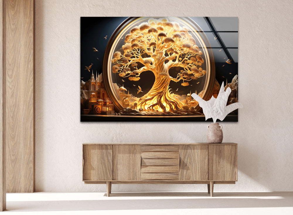 Golden Bonsai Tree Glass Wall Art photo print on glass, prints on glass wall art