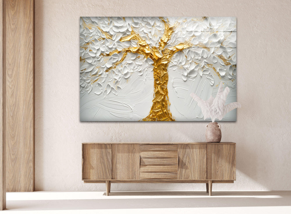 Golden Tree With White Flower Glass Wall Art, glass wall decor, glass wall art decor
